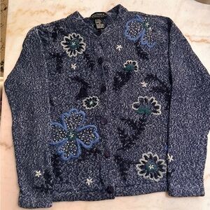 All Points Women’s Blue Knit Embellished Floral Button Front Cardigan   Size M.